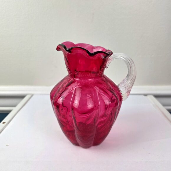 Fenton Handmade Cranberry Glass Pitcher With Clear Glass Handle Fern Optic NWT